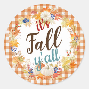 Autumn it's Fall y'all Orange Check Pumpkin Wreath Classic Round Sticker