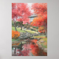 Autumn Japanese Modern Garden Watercolor