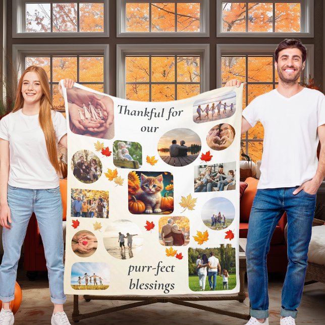 Autumn Kitten 13 Photo Collage Thanksgiving Cat Fleece Blanket (Thanksgiving autumn ginger kitten cat theme home decor blanket housewarming gift leaf photo collage)