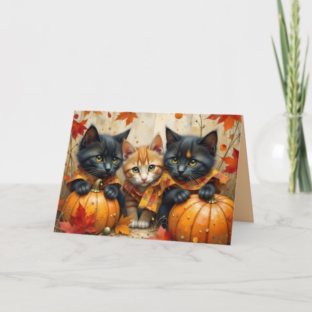 Autumn Kittens Pumpkins and Foliage Card (Front)