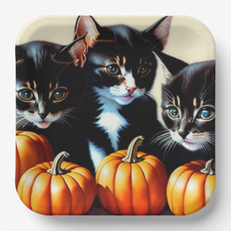 Autumn Kittens with Pumpkins Paper Plate