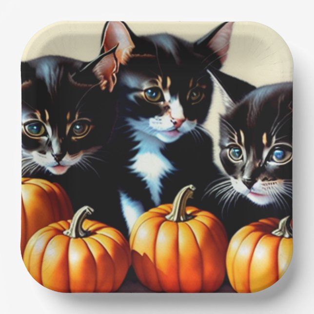 Autumn Kittens with Pumpkins Paper Plate (Front)