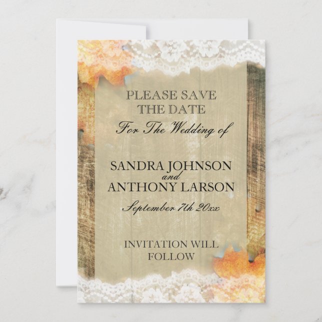 Autumn Lace Rustic Save The Date Announcement (Front)