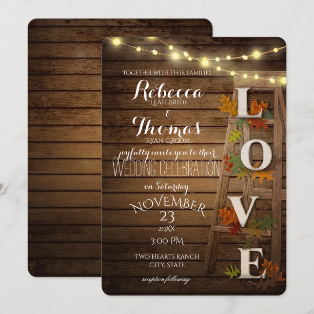 Autumn Ladder and Leaves Love Wedding Invitation (Front/Back)