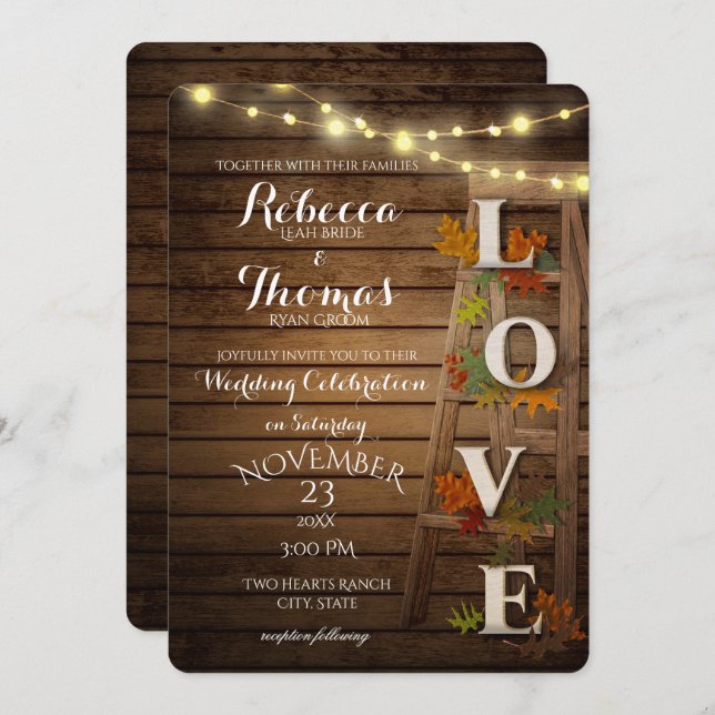 Autumn Ladder and Leaves Love Wedding Invitation (Front/Back)