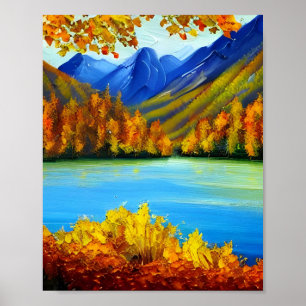 Autumn lake and mountains painting  poster