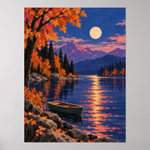 Autumn Lake at Moonlight with Rowboat – Wall Art
