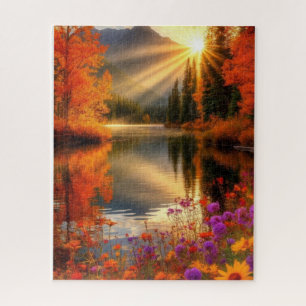 Autumn Lake at Sunrise Golden Reflections Scenic A Jigsaw Puzzle
