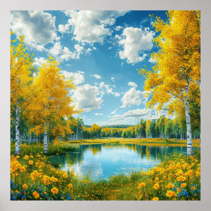 Autumn Lake With Golden Tree Calm Nature View Poster