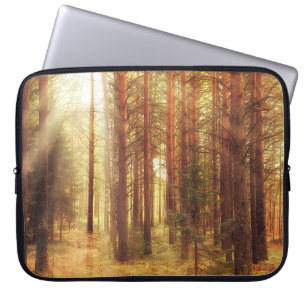 autumn landscape background, sun rays in the fores laptop sleeve