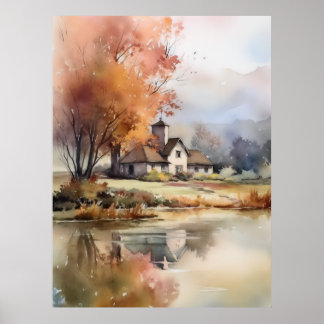 Autumn Landscape Scenery Watercolor Illustration Poster
