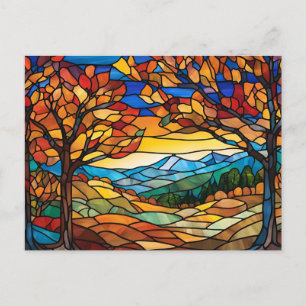 Autumn Landscape Stained Glass Illustration Postcard