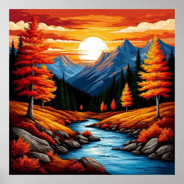 Autumn Landscape with River, Mountains Poster (Front)