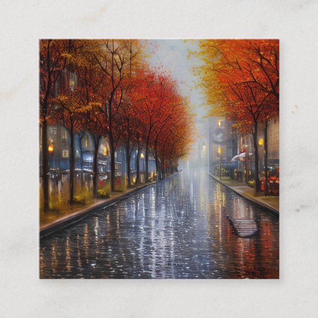 Autumn landscapes with rain and foliage have a uni square business card (Front)