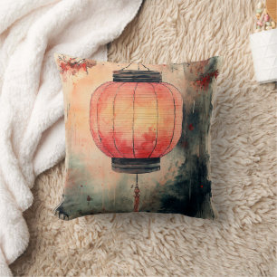 Autumn Lantern Sumi-E Watercolor Cushion