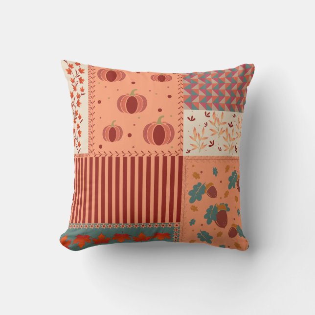Autumn Leaf Acorn Patchwork Pattern Art Cushion (Front)