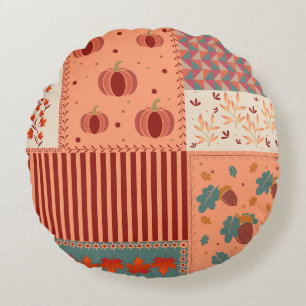 Autumn Leaf Acorn Patchwork Pattern Art Round Cushion