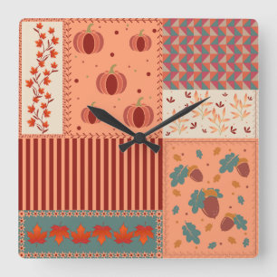 Autumn Leaf Acorn Patchwork Pattern Art Square Wall Clock