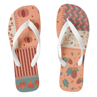 Autumn Leaf Acorn Patchwork Pattern Art Thongs