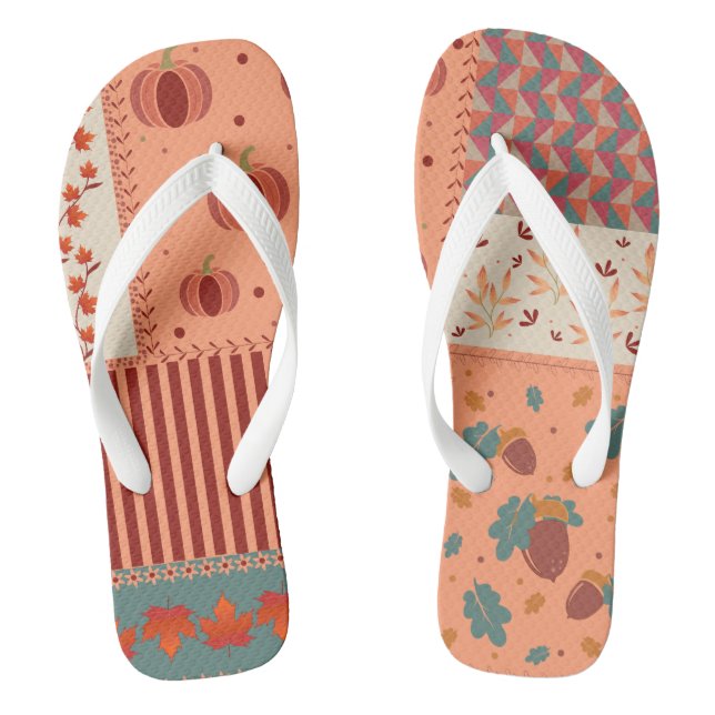 Autumn Leaf Acorn Patchwork Pattern Art Thongs (Footbed)