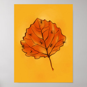 Autumn Leaf And Ants In Yellow Orange Poster