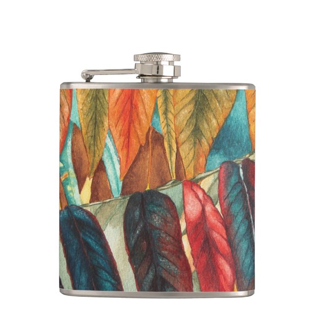 autumn leaf colours original stylised modern art hip flask (Front)