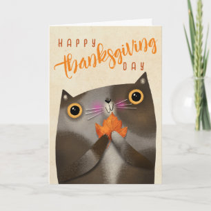 Autumn Leaf Cute Cat Halloween Thanksgiving Fall Card