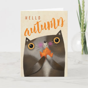 Autumn Leaf Cute Cat Halloween Thanksgiving Fall Card