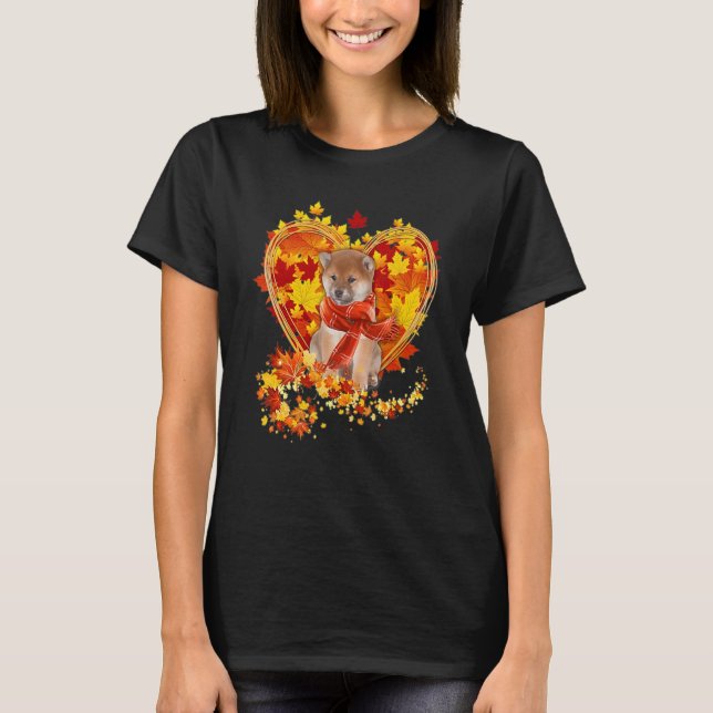 Autumn Leaf Heart Shiba Inu Scarf Fall T-Shirt (Front)
