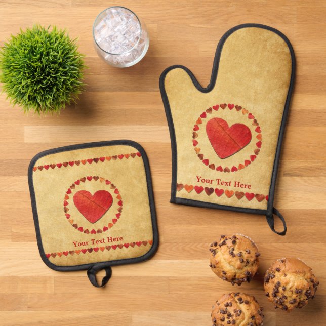 Autumn Leaf Hearts On Old Paper Oven Mitt & Pot Holder Set (Top Down)