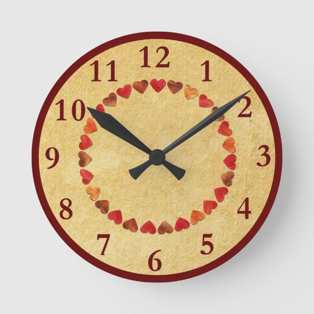 Autumn Leaf Hearts On Old Paper Round Clock (Front)