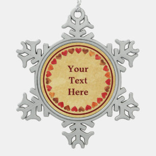 Autumn Leaf Hearts On Old Paper Snowflake Pewter Christmas Ornament