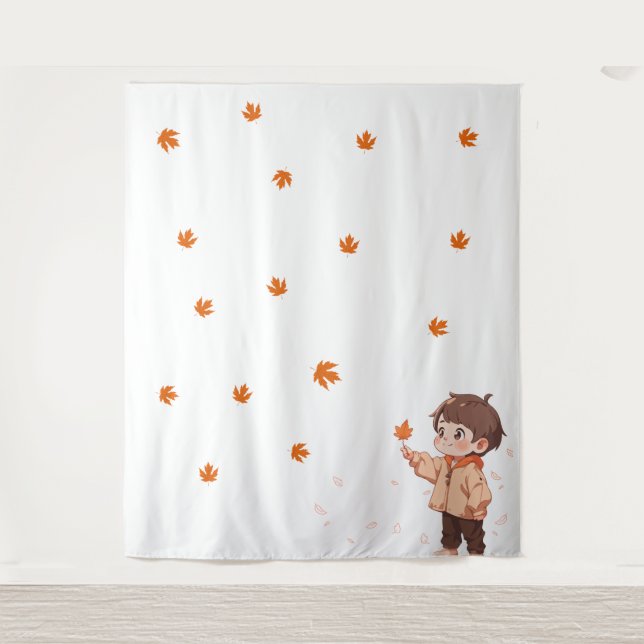 Autumn leaf held by a cute little boy tapestry (Front)