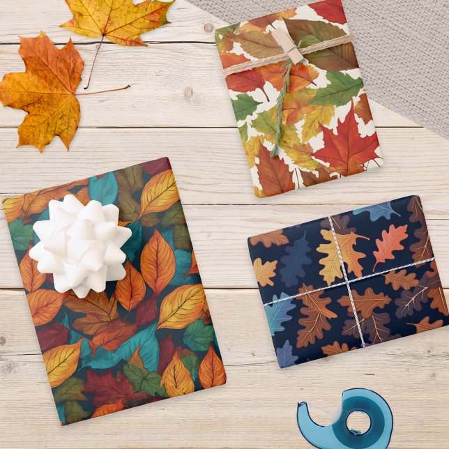 Autumn Leaf Pattern Fall Season Nature Themed Wrapping Paper Sheet (A set of 3 Autumn leaf patterned gift wrapping paper sheets, ideal for Thanksgiving and Fall season)