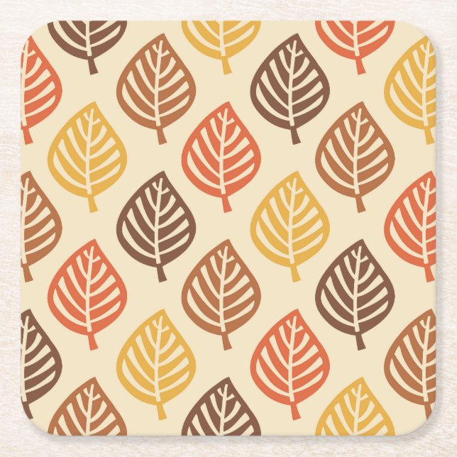 Autumn Leaf Pattern in Fall Colours Square Paper Coaster (Front)