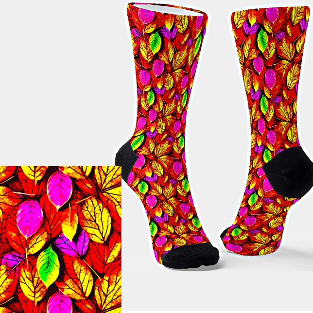 Autumn Leaf Pattern Red Orange Pink Bright Colour  Socks (Creator Uploaded)