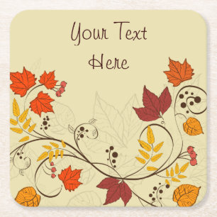 Autumn Leaf Vines with Customisable Text Square Paper Coaster