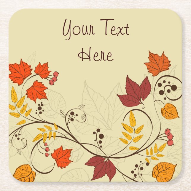 Autumn Leaf Vines with Customisable Text Square Paper Coaster (Front)
