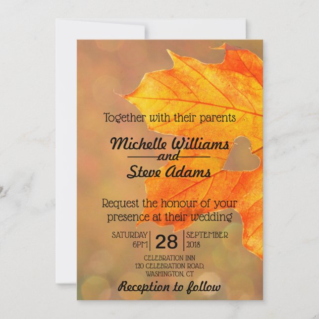 Autumn Leaf With Heart Wedding Invitation (Front)