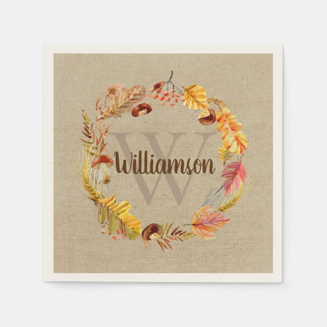 Autumn Leaf Wreath Custom Monogram Thanksgiving Napkin (Front)
