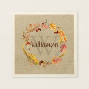 Autumn Leaf Wreath Custom Monogram Thanksgiving Napkin