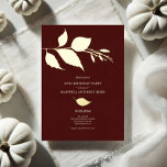 Autumn Leaves 50th Birthday Invitations<br><div class="desc">Celebrate his milestone with our elegant 50th birthday invitations, perfect for an adult gathering in the autumn season. Featuring a rich burgundy red background and a unique border of autumn leaves in gold foil, these invitations combine simplicity with modern sophistication. The event details are set in a clean type, creating...</div>