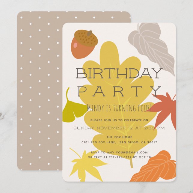 Autumn Leaves & Acorn Birthday Party Invitation (Front/Back)