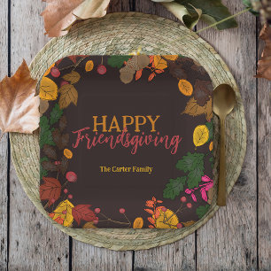 Autumn Leaves Acorns Berries Friendsgiving Dinner Paper Plate