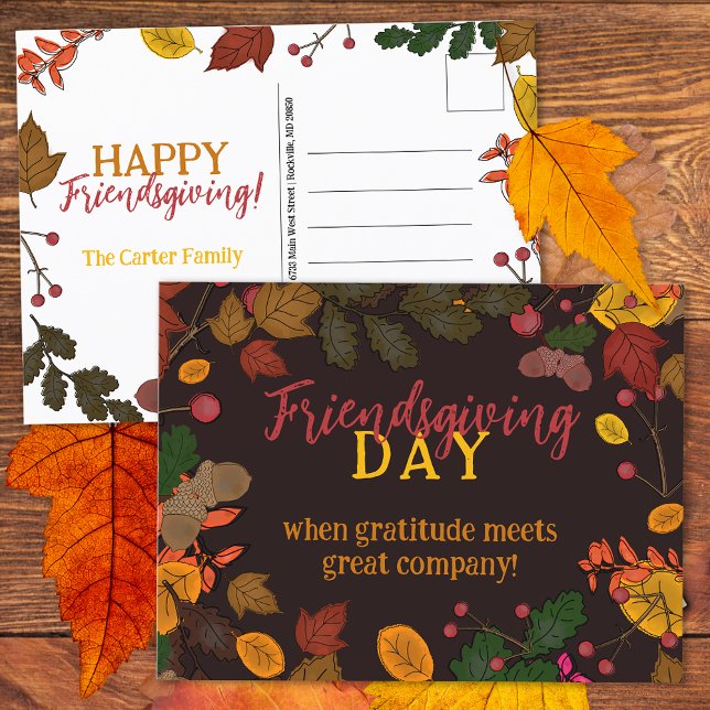 Autumn Leaves Acorns Berries Friendsgiving Quote Postcard (Creator Uploaded)