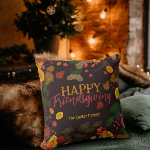 Autumn Leaves Acorns Berries Happy Friendsgiving Cushion