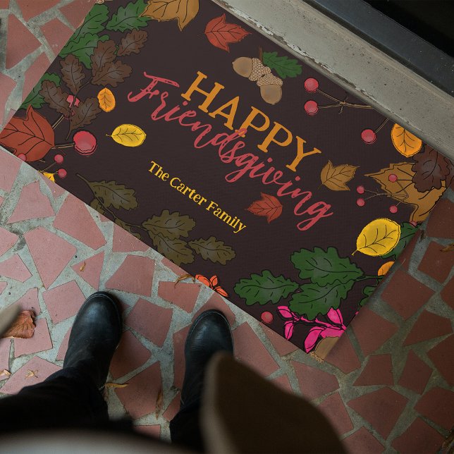 Autumn Leaves Acorns Berries Happy Friendsgiving Doormat (Creator Uploaded)