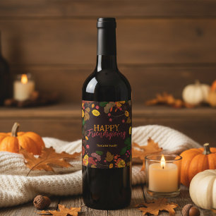 Autumn Leaves Acorns Berries Happy Friendsgiving Wine Label