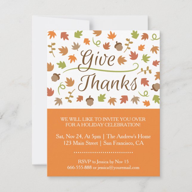 Autumn Leaves Acorns Give Thanks Dinner Party Invitation (Front)