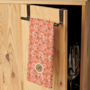 Autumn Leaves Acorns Pattern Orange Monogram Tea Towel